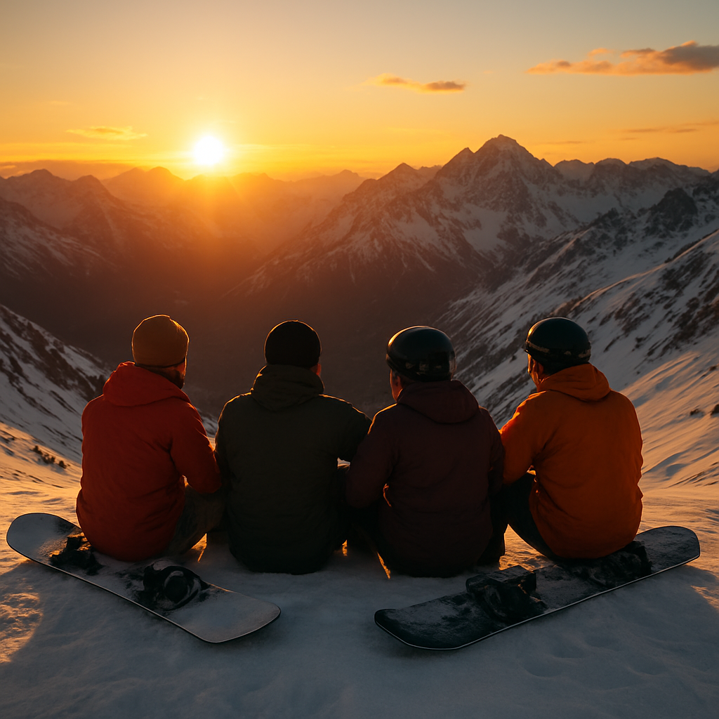 Snowboarders en la cima de una montaña en los Andes argentinos